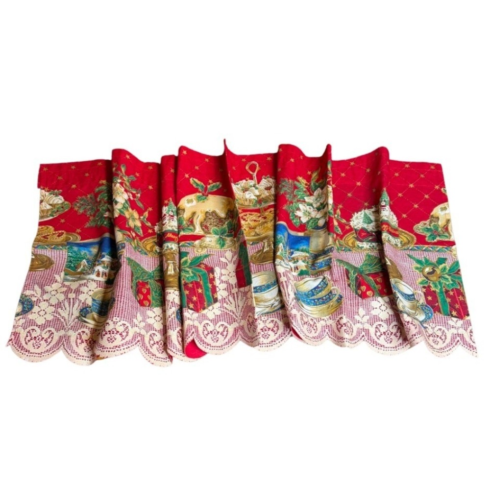 Christmas Curtain Valance Lace Scalloped Holiday Festive Dinner Table Print 54"